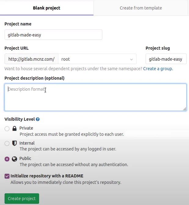 GitLab create project wizard