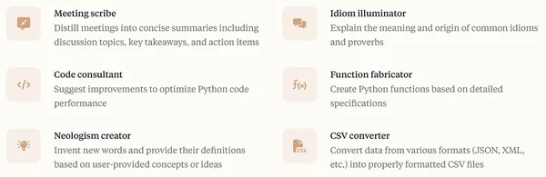 Visual showing Claude Desktop's prompt library and the tasks for which it provides guidance.