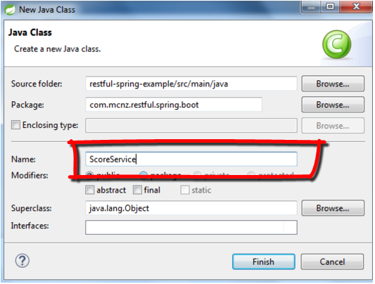 Create the RESTful Spring Boot ScoreService class
