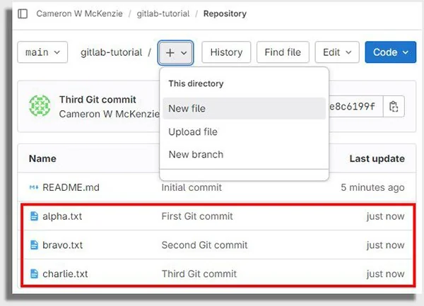 Git commits in GitLab screenshot