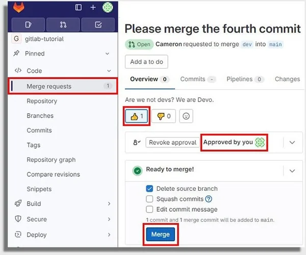 Approve a GitLab merge request screenshot