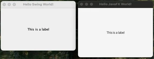 Screenshot showing a simple 'Hello, World' JavaFX application run in JBang.