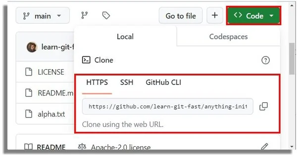 Screenshot of a repository landing page showing the URL for 'git remote add origin' command.
