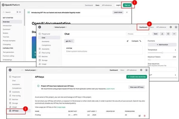Screenshots that show the process to obtain an API key at the OpenAI platform website.