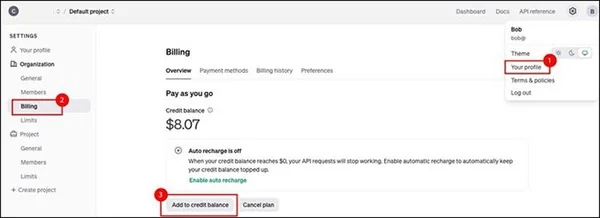 Screenshot showing how to add funds for API usage within the Billing page of the user profile.