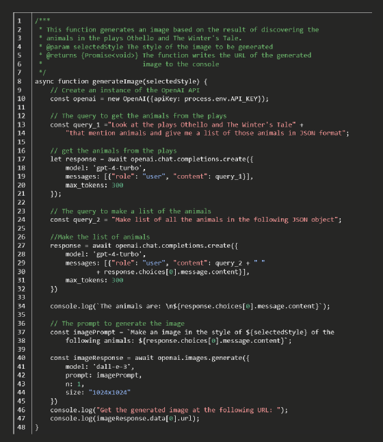 The code used to prompt the AI models to list animals from two Shakespeare plays, and generate an illustration based on that list.