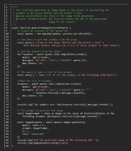 The code used to prompt the AI models to list animals from two Shakespeare plays, and generate an illustration based on that list.