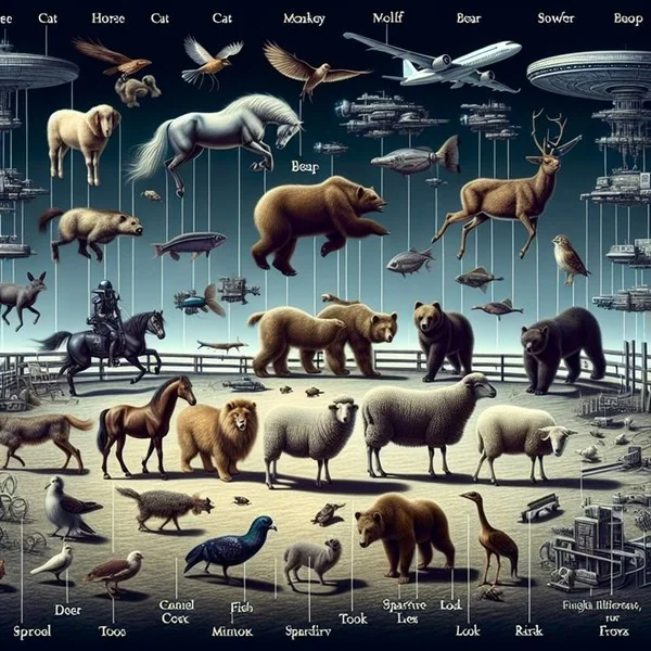 Illustration produced by OpenAI and the Dall-E 3 model depicting animals from a previously defined list.