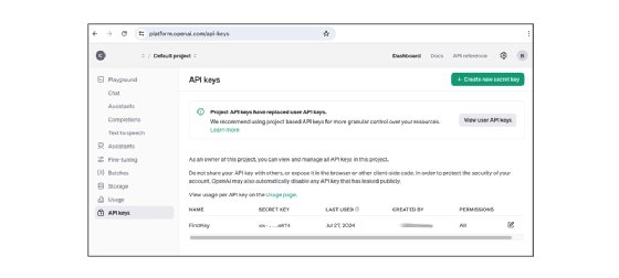 Screenshot of the process to create an OpenAI API key.