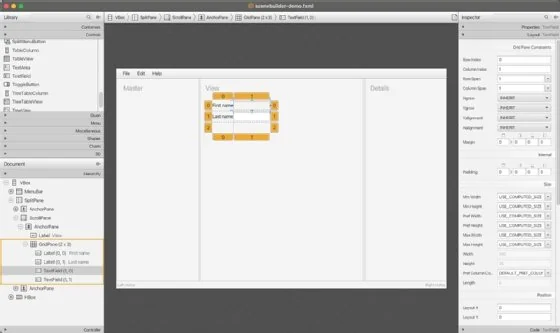 Screenshot showing the creation of a user interface in Scene Builder.