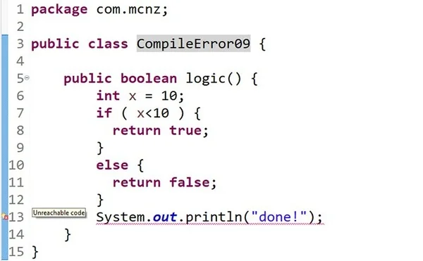 Java compile error example: 'Unreachable code'