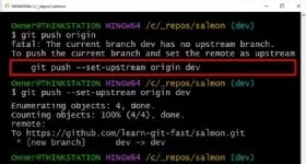 Screenshot of the &lsquo;git push --set-upstream&rsquo; fix for &lsquo;no upstream branch&rsquo; error.