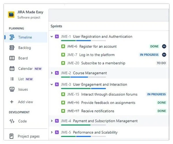 Jira story and epics.